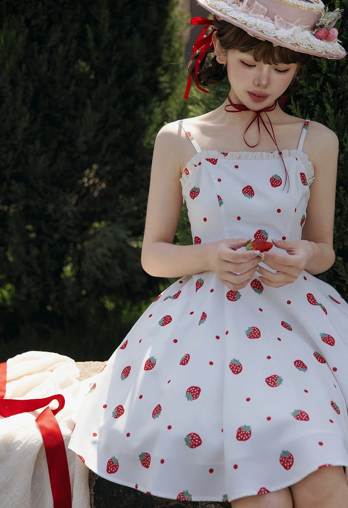 and White JSK Sweet Dress Polka Dots Summer Lolita Strawberry Sun Print