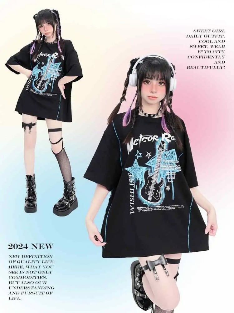 Schwarzes Punk-T-Shirt mit Gitarren- und Sternendruck