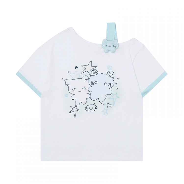 Asymmetrical Neckline T-shirt Cartoon Kitty Print Pink/Blue/Black