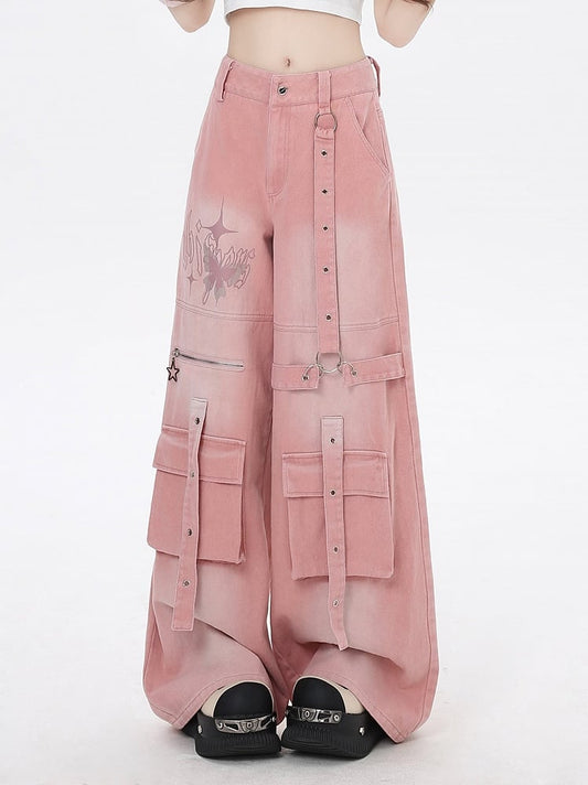 Print Wide-Leg Cargo Jeans Pink Butterfly Strap Details Vintage