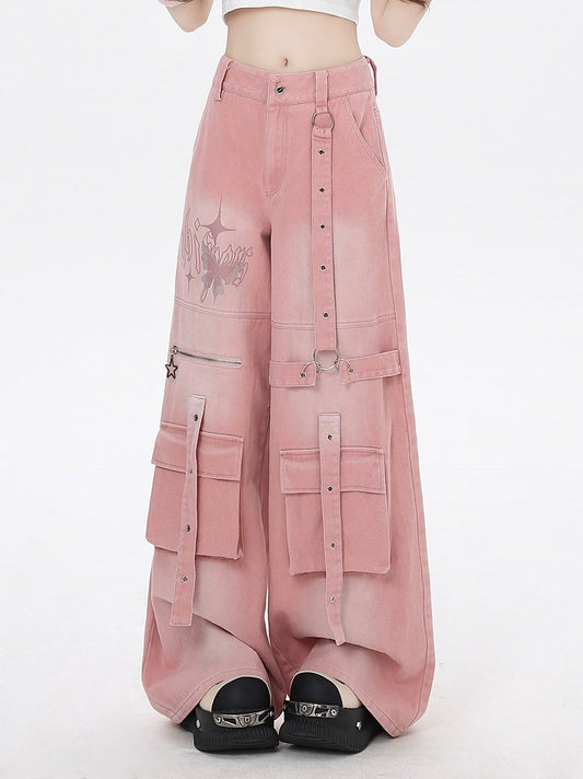 Print Strap Details Vintage Jeans Wide Leg Cargo Pink Butterfly
