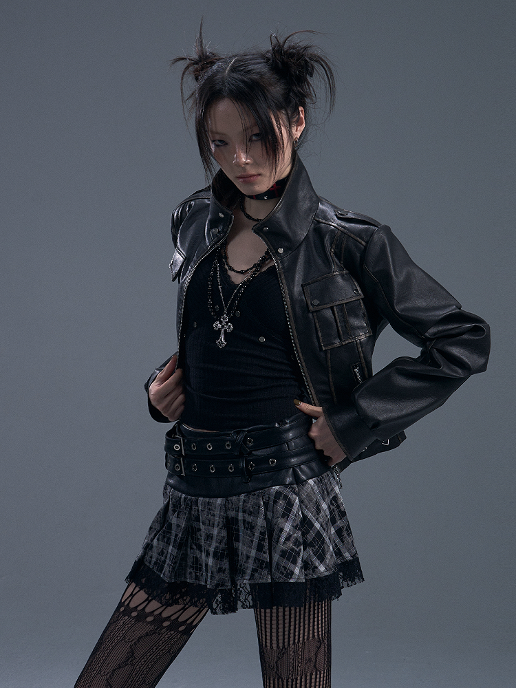 Black PU Vintage Punk Crop Jacket with Buckle Accents