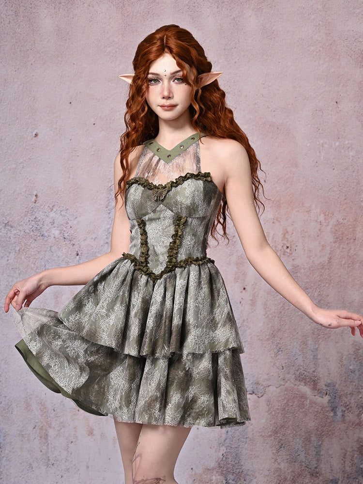 Halter Fairy Tie-dyed Forest Neck Waist Basque Dress Green Light