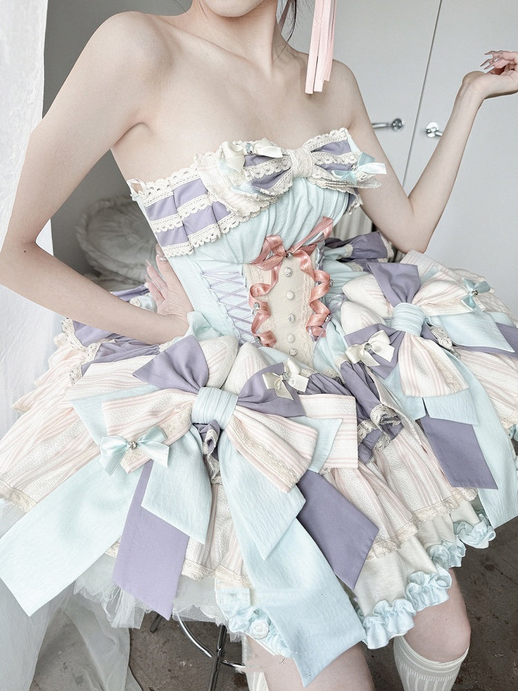 Purple Bowknots Skirt Big Lace-up Basque Waist Tiered Ruffle Sweet Lolita Dress and with Blue on
