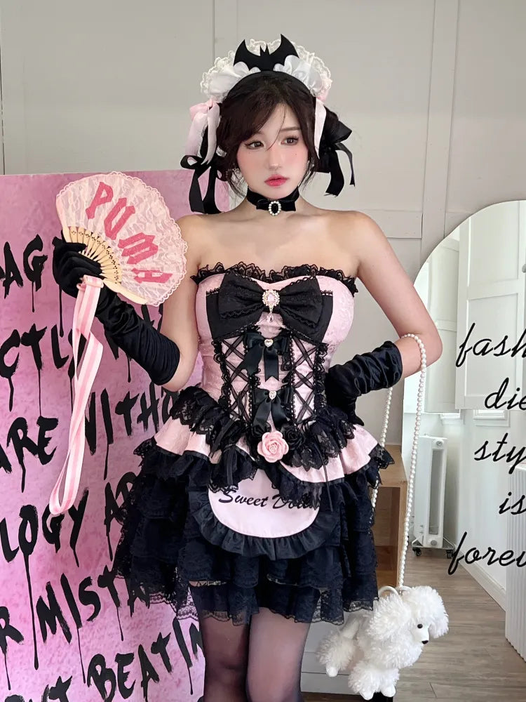 黒とピンクのレースアッププリンセスストラップレスコルセットトップ/黒のレースブルマー