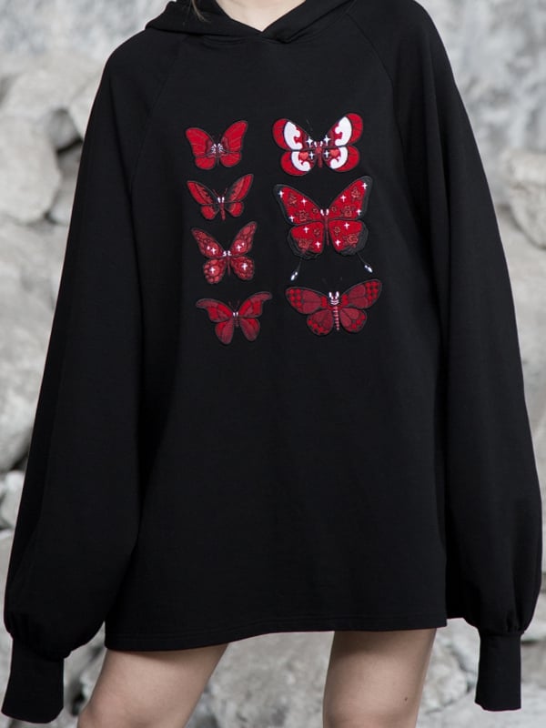 Flock Butterfly Dark Stickerei mit Loose Delicate Romance Gothic Red Hoodie Schwarz