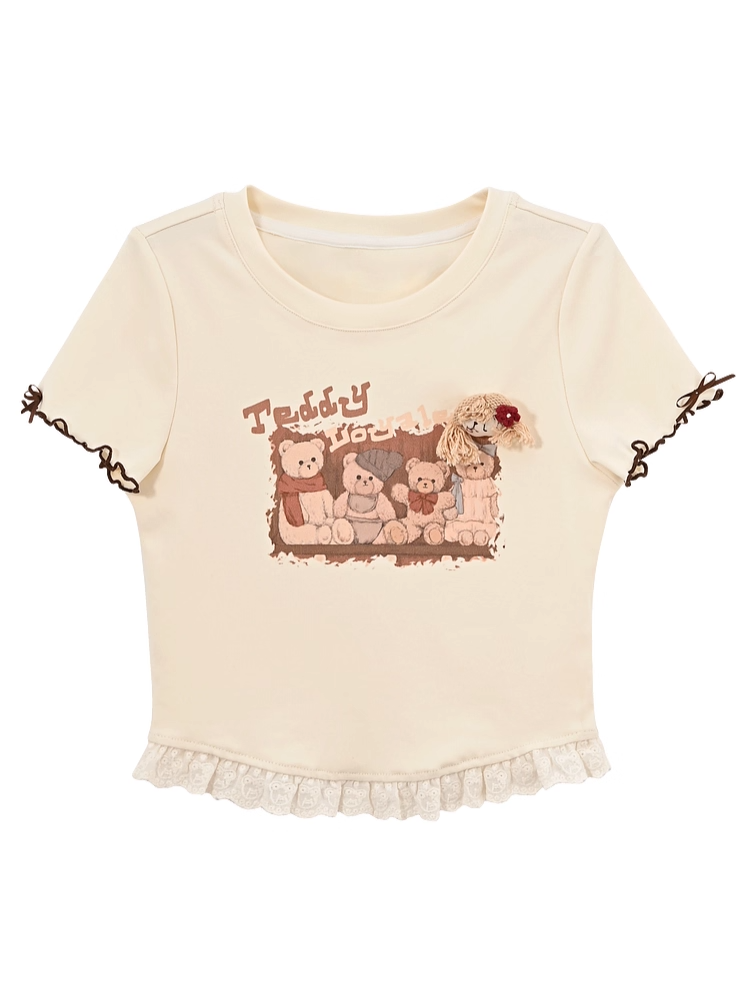 Teddy Bear Print Lettuce Cuffs Vintage Lace Hem Apricot T-shirt