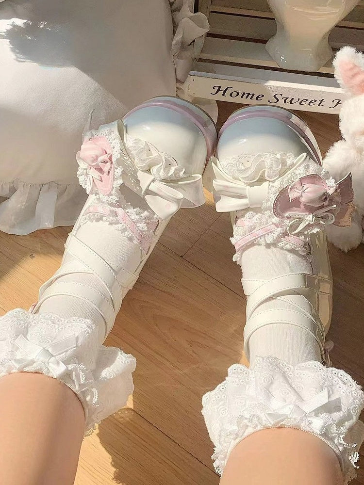Riemen weiß mit Details Design Candy Lace Schuhe Schleife süß und rosa Lolita Herz Schuh Runde Zehen Clip gerüscht - überkreuzt