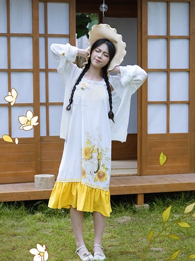 Sleeves Detail Knitted Bowknot Sunflower White Cardigan Flounce