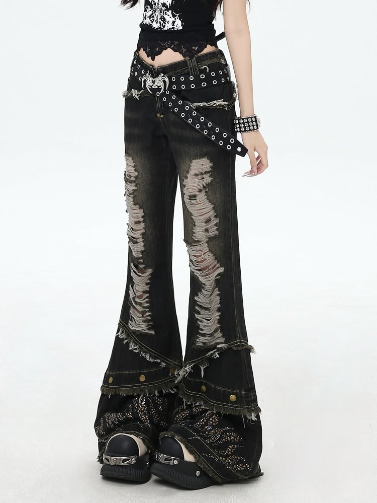 Details Y2K Black Distressed Holes Raw Cuffs Flared Jeans Rhinestone Hem