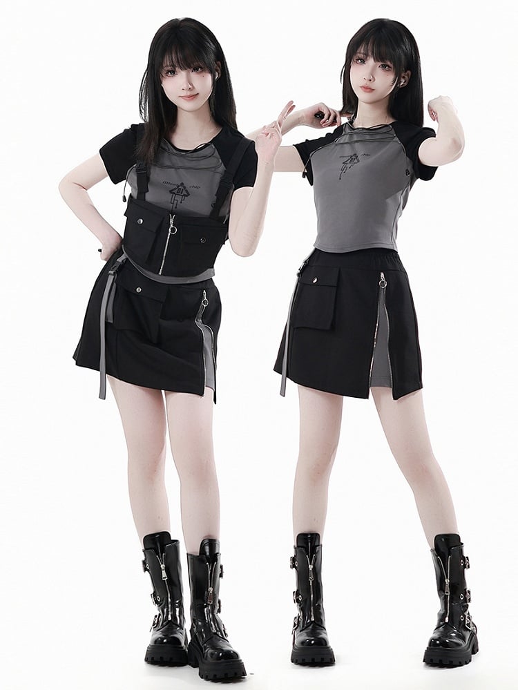 Graues Colorblock-Design und schwarzes Techwear-T-Shirt mit Schnürung vorne