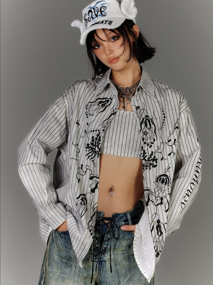 Cami Top Stripes Graffiti Distressed White Black Cropped