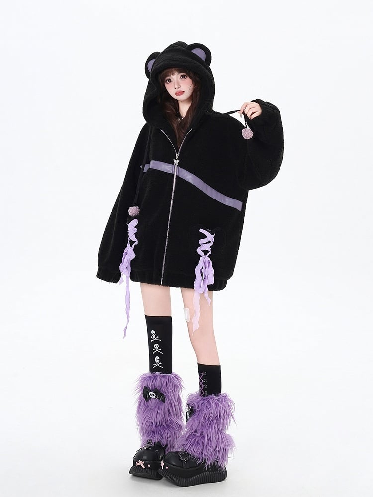Black Lace-up Detail Bear Ear Thick Hooded Coat