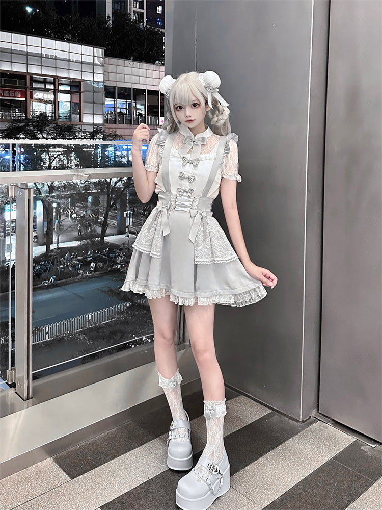 Ruffled Lace Trim Flutter Sleeves Kei Embellished Gray Bowknots Jirai Overalls