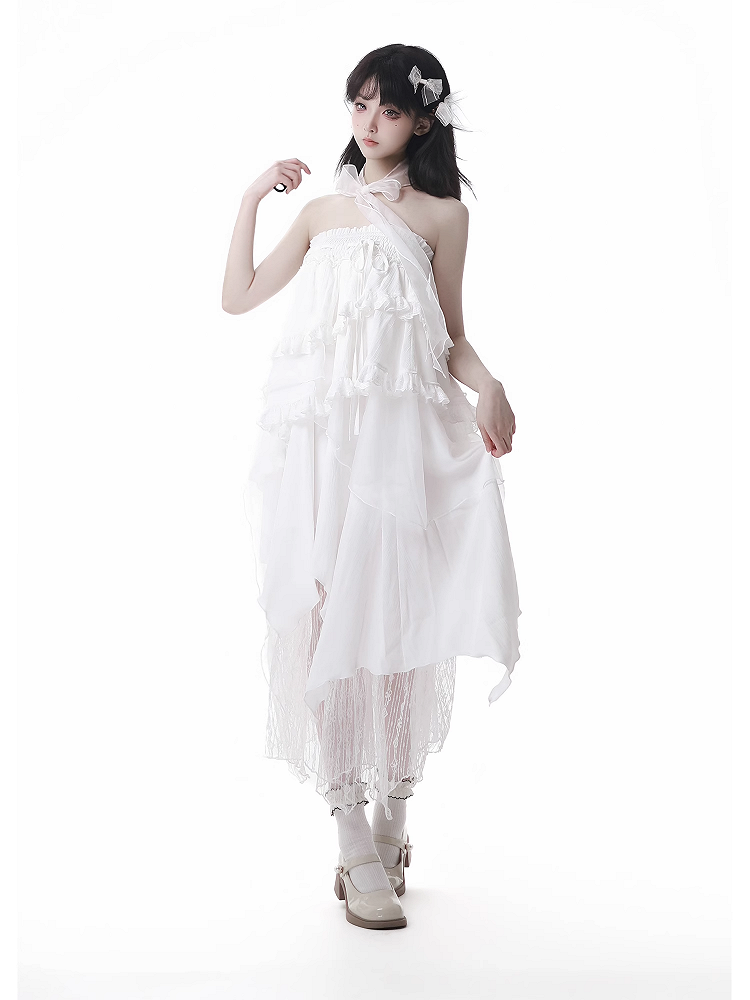 Tiered Skirt Free White Handkerchief Hem Strapless Dress Ways Wear with Bowtie Two