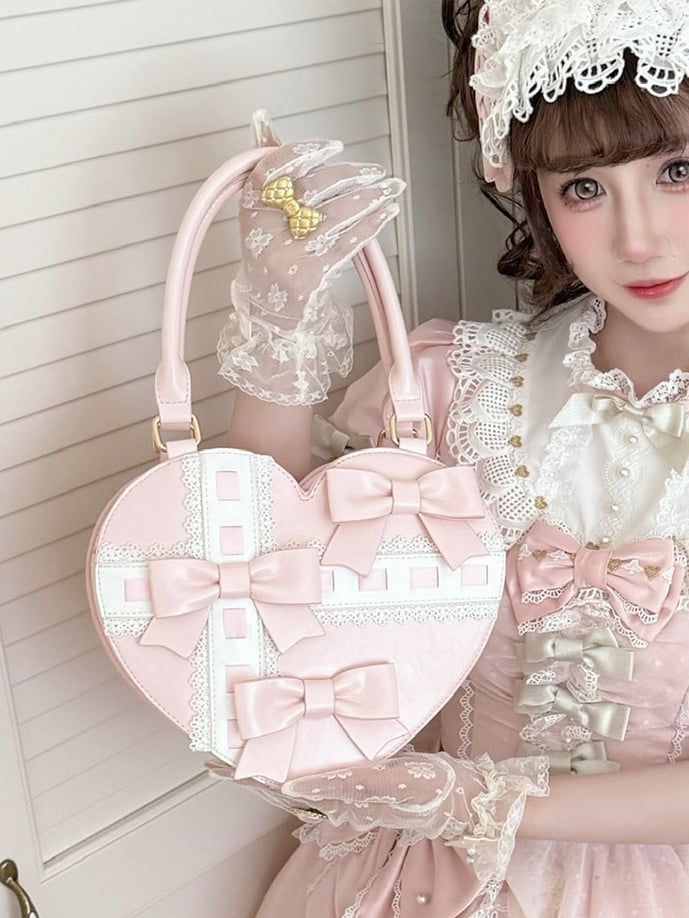 Bag Abstract PU Bow Leather with Heart - Hand Sweet Linear Accents Cross Pink Lolita Design