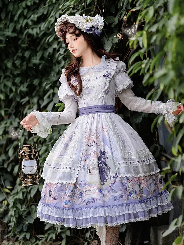 Floral Dress Sleeves Party and Bunny Purple Light Lolita Print with Detachable Tea