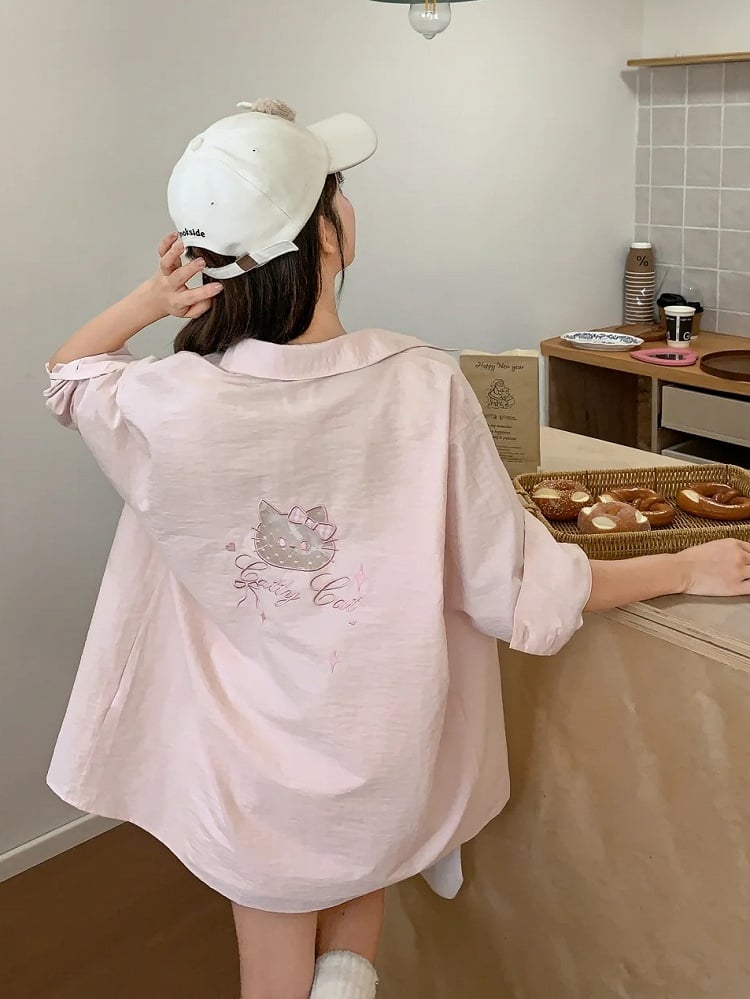 Back Shirt Kitty Embroidery on Pocket Kitty-shaped Detail Blue/Pink Loose Cutout
