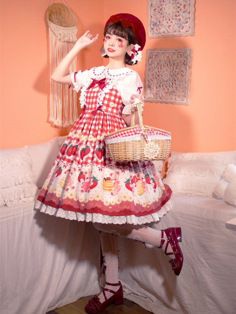 Wine Red Plaid Strawberry and Bear Print Cottagecore Country Sweet Lolita Dress Jumper Skirt