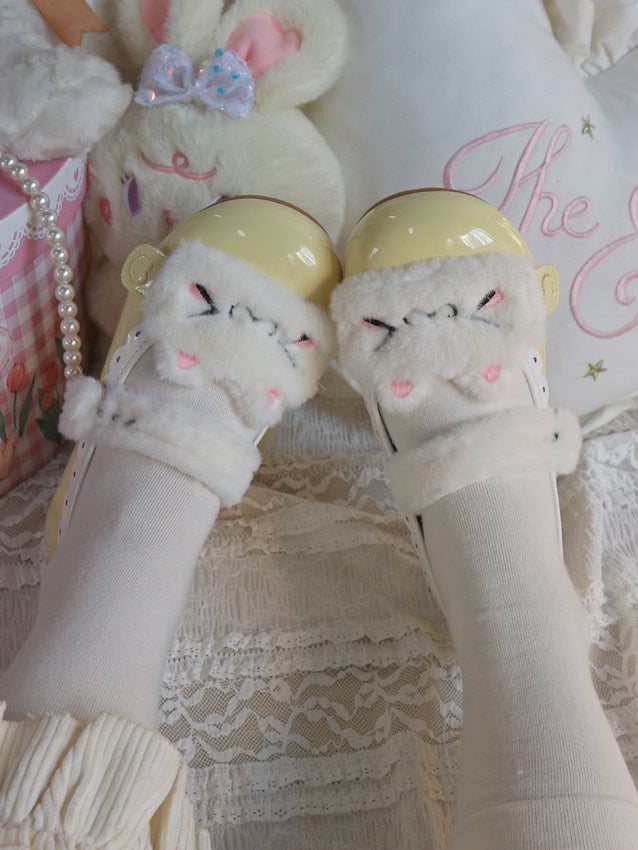 Schuhe Weiß PU Plushie Taste Süße Flache Design Kitty Gelb Snap