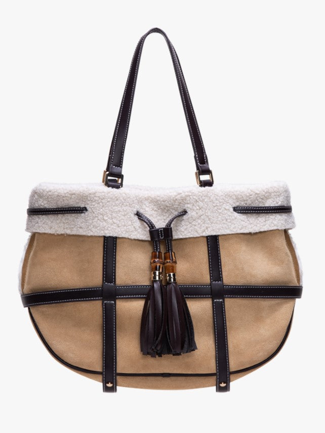 Brown Tote Bag With Vintage Bamboo Knot Accents - Large Capacity Shoulder Bag For Fall And Winter Plush Trim
