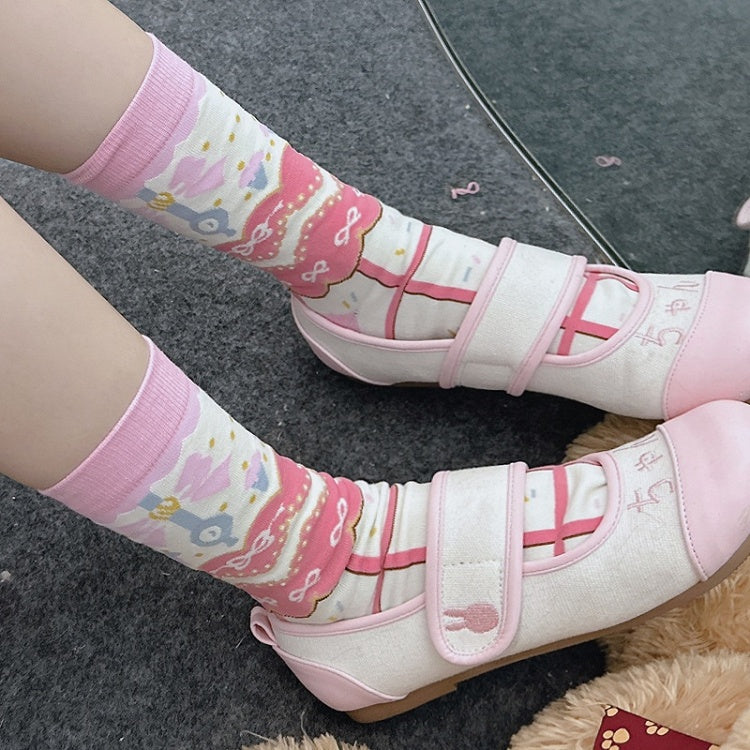 Rosa süße Lolita Wadensocken mit Schleifenmuster und Streifenmuster