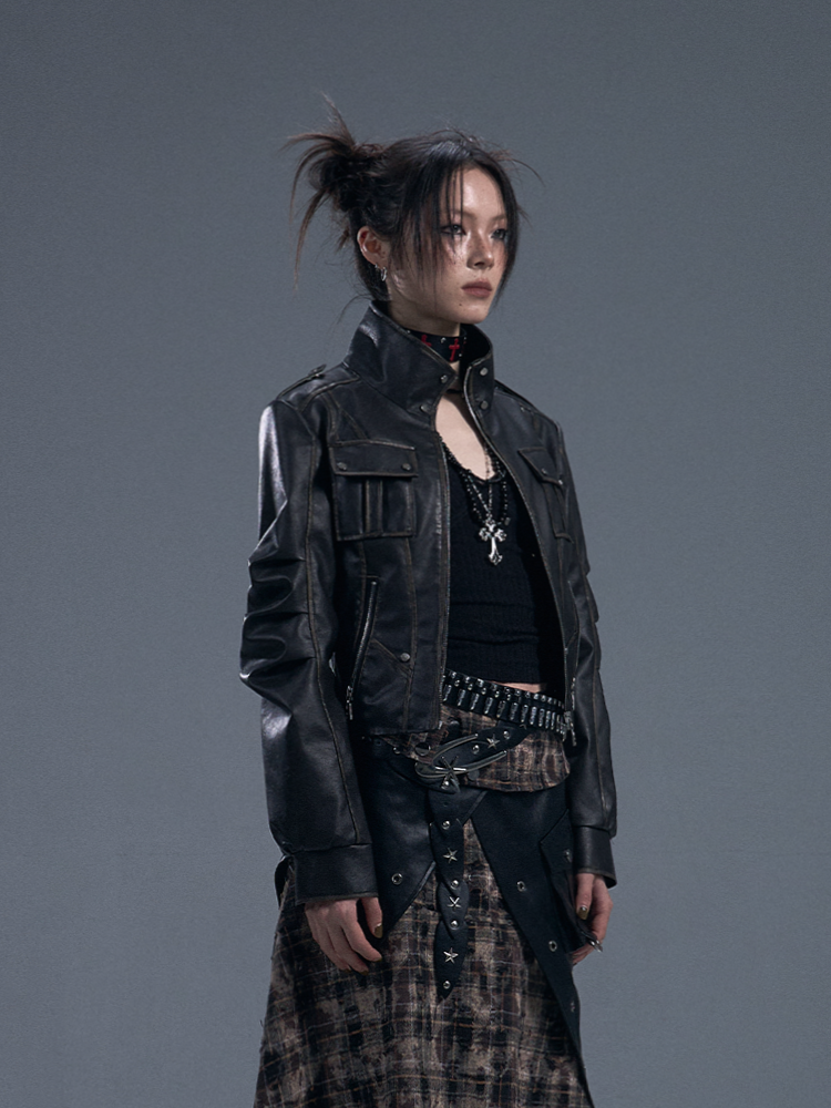 Black PU Vintage Punk Crop Jacket with Buckle Accents