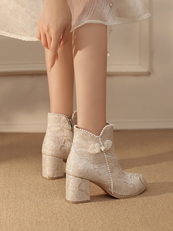 Qi Embellishments Normale/Verdickte Version Stiefel Frosch Lolita Akzent Beige Knopf Satin Perlen Blumenmuster -