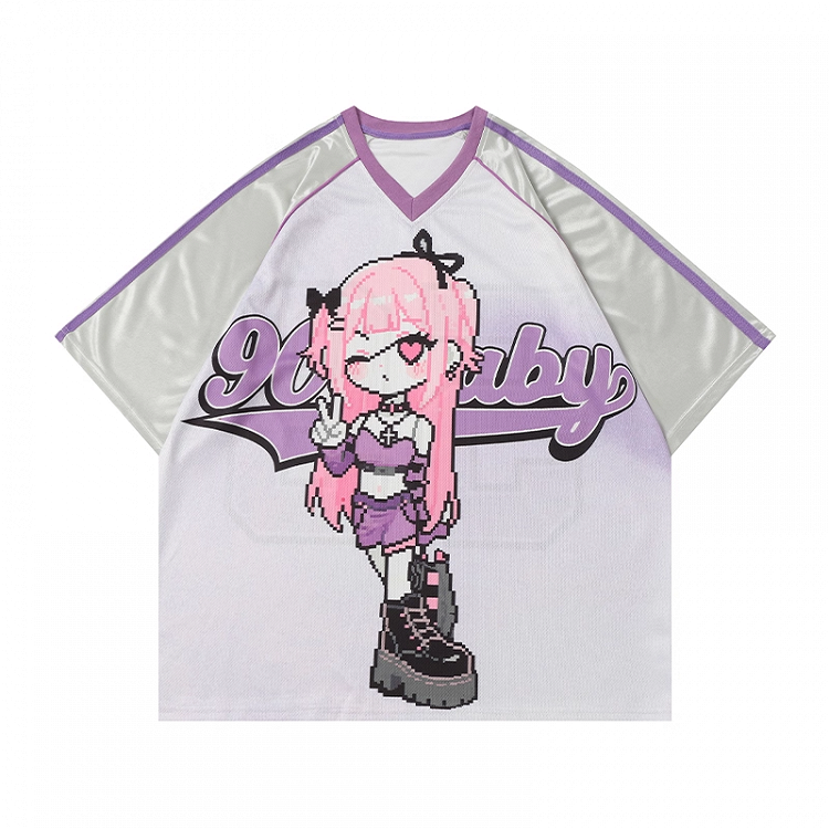 Cartoon Girl Print Black/Blue/Purple T-shirt Vintage V-neck Loose