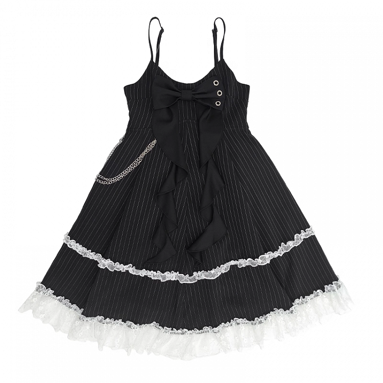 Skirt Cami Dress Big Bow Neckline Black with Striped Waist Detachable Chain Bubble