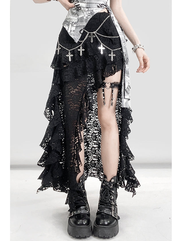 Slit Bittersweet Asymmetrical Glamorous Skirt Thigh-high Black Hem Lace