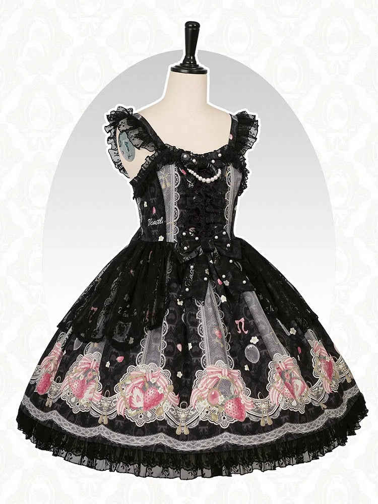 Lolita Sweet Black Strawberry Jumper Print Skirt