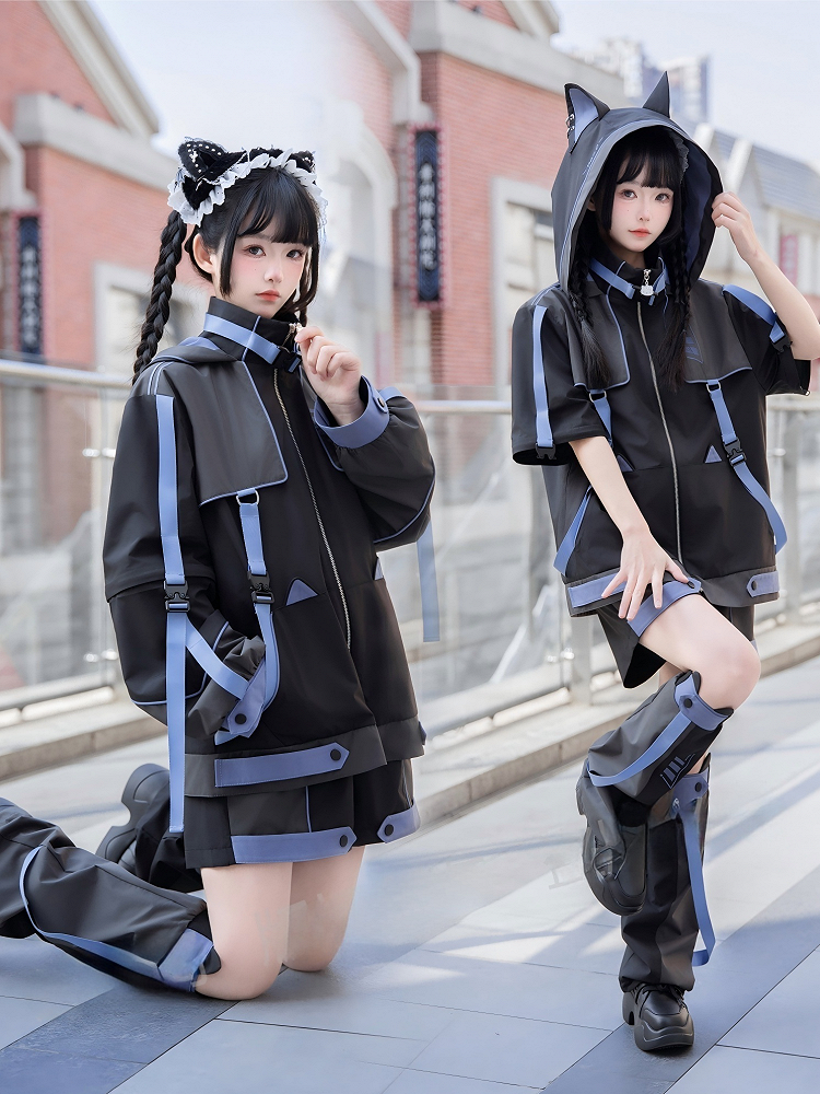 Cyber Neko Techwear Three-Piece Set - Windbreaker Jacket