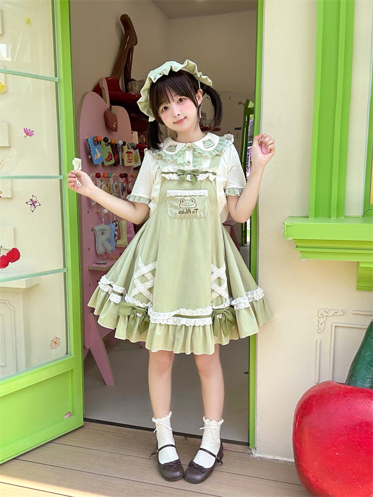 Light Green Frog Embroidery Lace Trim Overalls