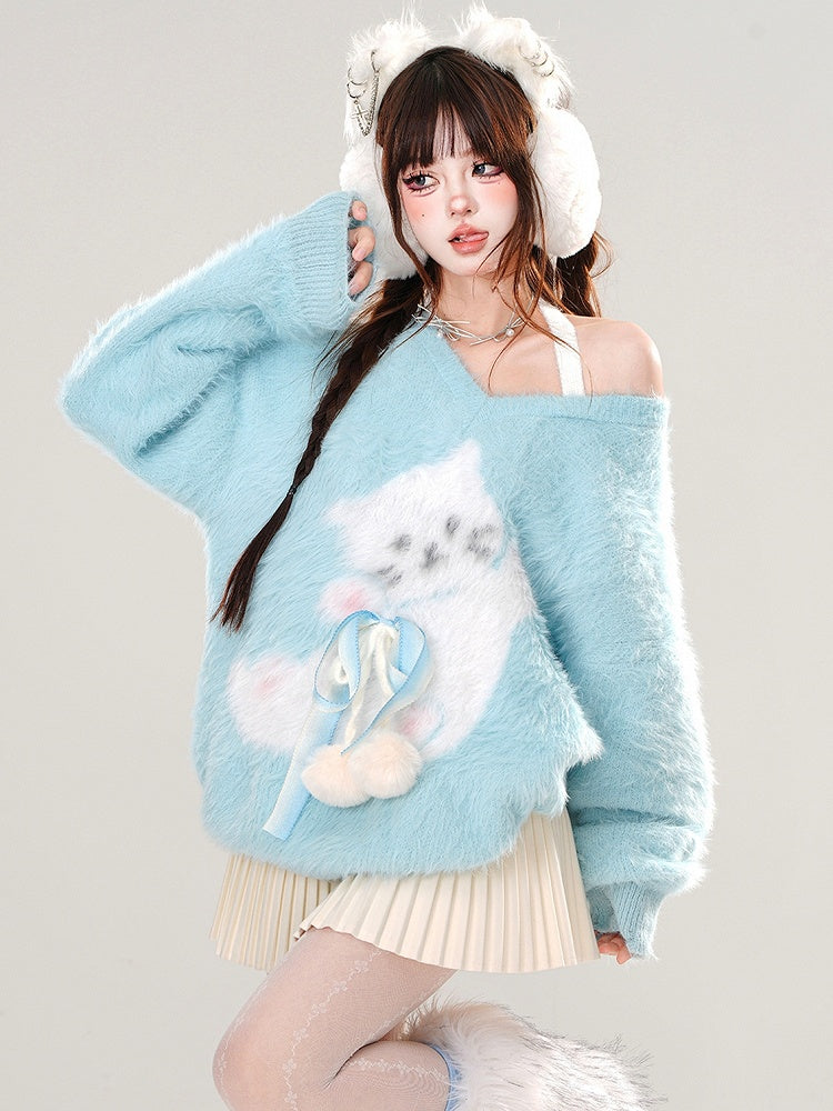 Rosa/Blauer süßer weicher Pullover mit Katzen-Schleifendetails und Neckholder