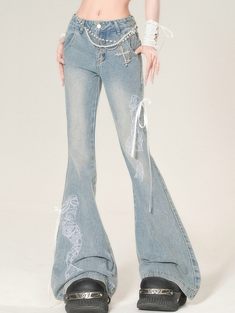 Bowknot Silhouette Flare Bestickte Spitze Glamouröse Jeans Blau