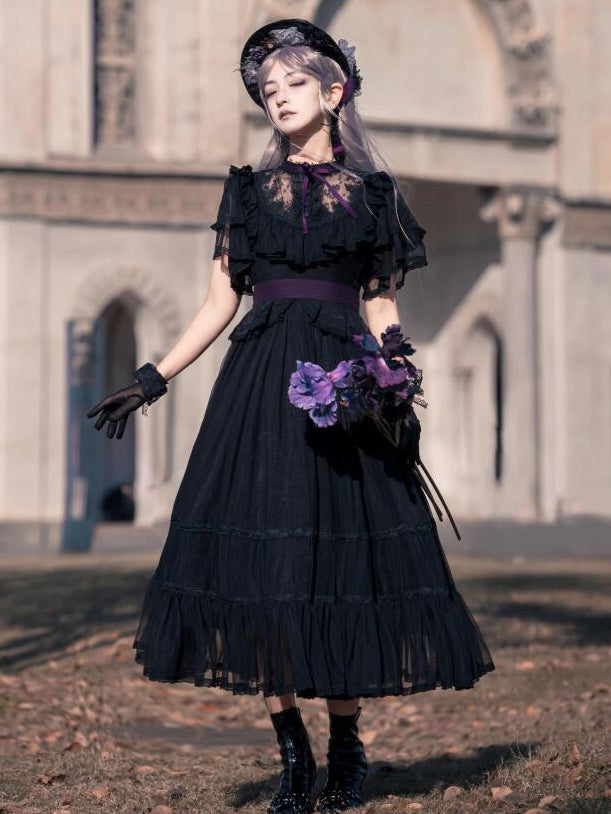 Lolita Butterfly Belt Black Dress Waist Elegant Classic with Sleeves Illusion Neckline Purple Edward
