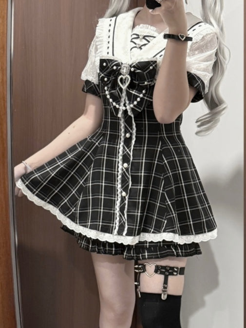 Plaid Bow Mini Dress + Ruffled Back Black Shorts Sailor Collar Self-tie Hem Jirai Kei Set