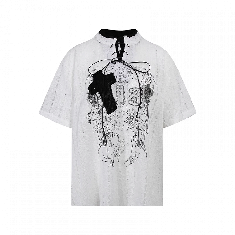 Y2K Holes Black/White Lace-up Mock Neck Distressed