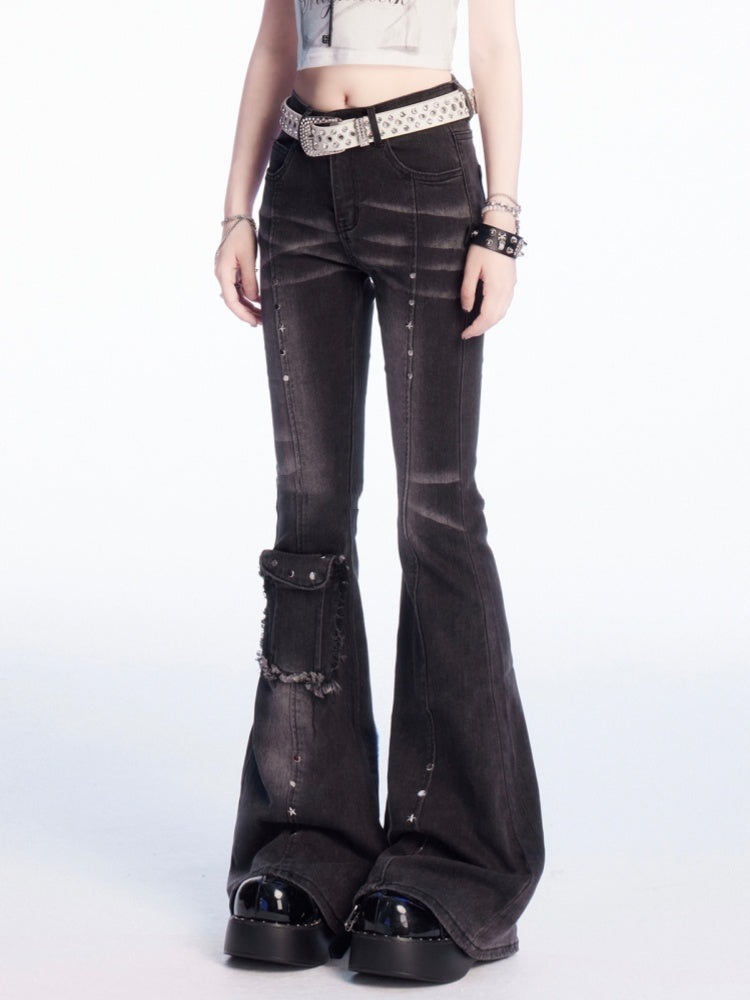 Rise Stud Flared Jeans Dark Gray Low Details Faded Wash Vintage