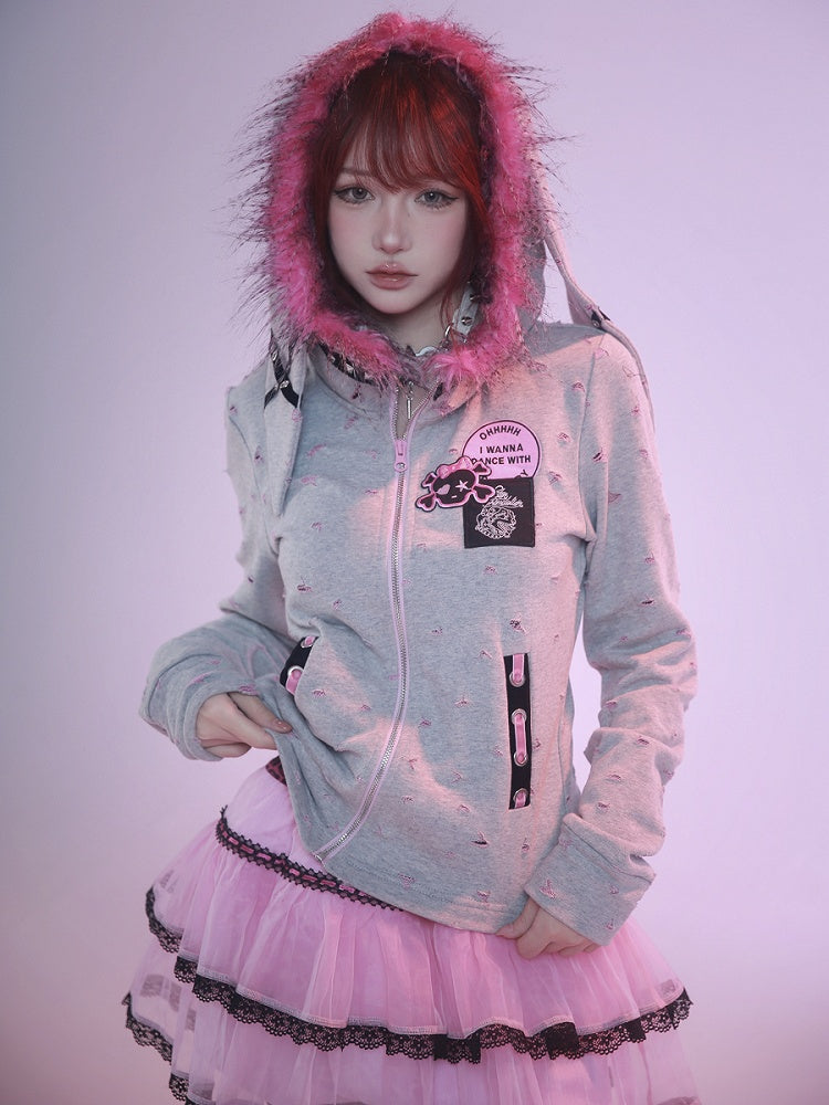 Punk Grey Oversized Bunny Ears Zip Hoodie
