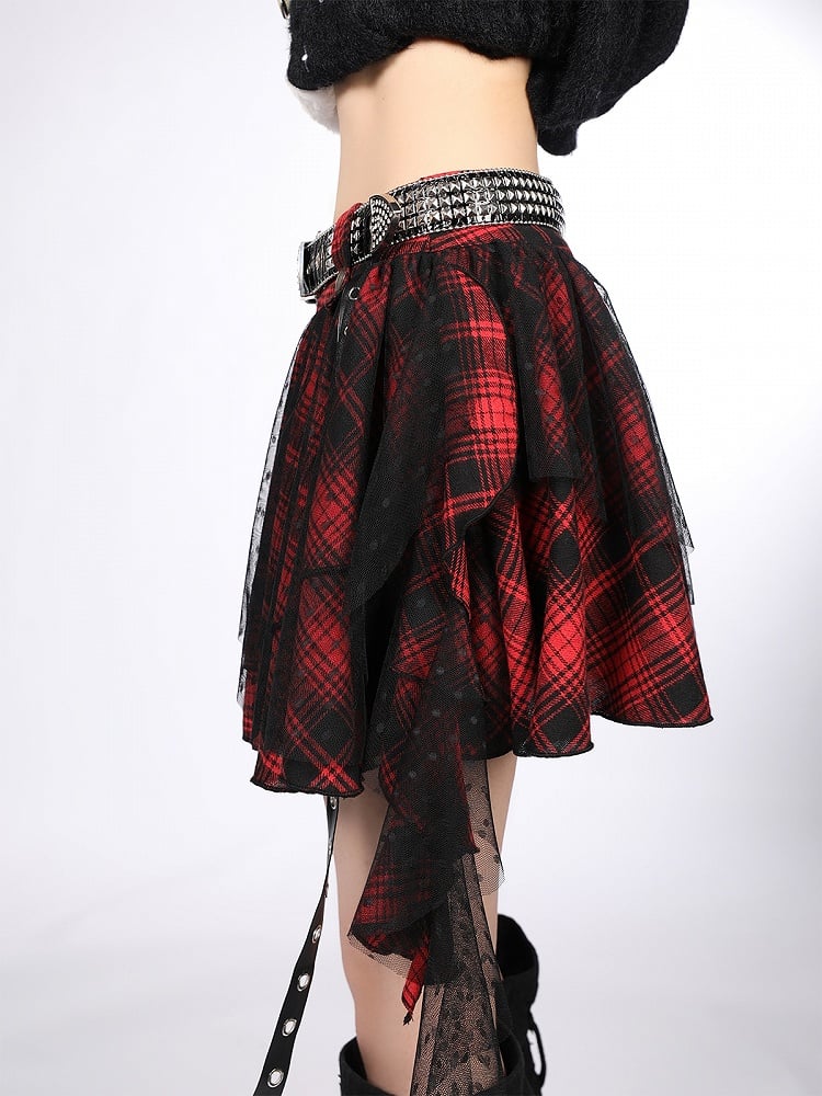 Asymmetrical Red Plaid Tiered Mini Skirt with Lace Overlay Y2K