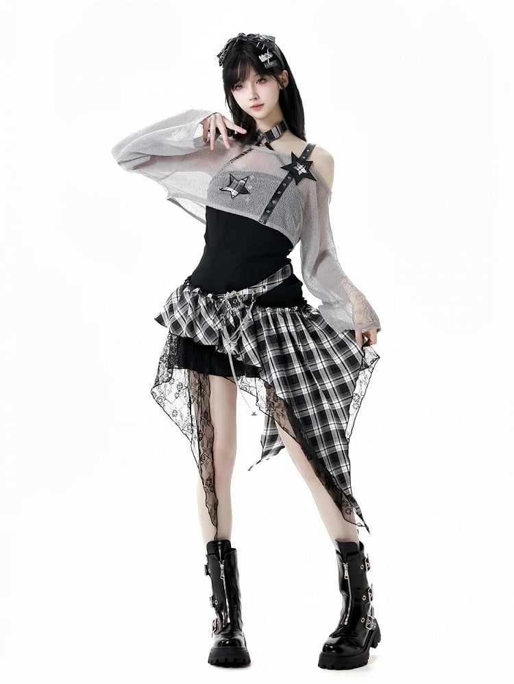 Coverup Black/Gray Star Distressed Holes Punk Rock Strap Hollow-Out Cropped
