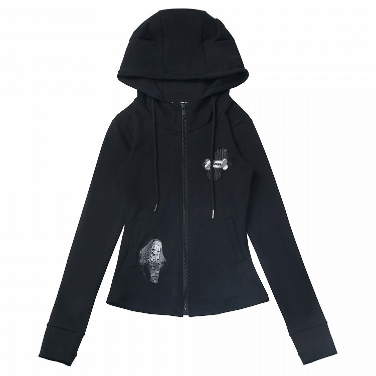 Long Sleeves Top Zip Closure Black/White Devil Horn Design Hood