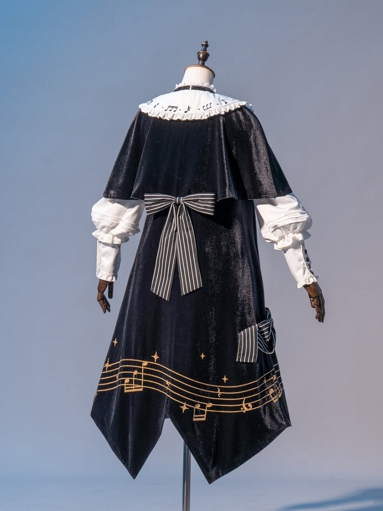 Schwarz-weißes Ouji-Lolita-Komplettset – weißes Hemd + schwarze Shorts + schwarze Robe mit Musiknoten-Aufdruck