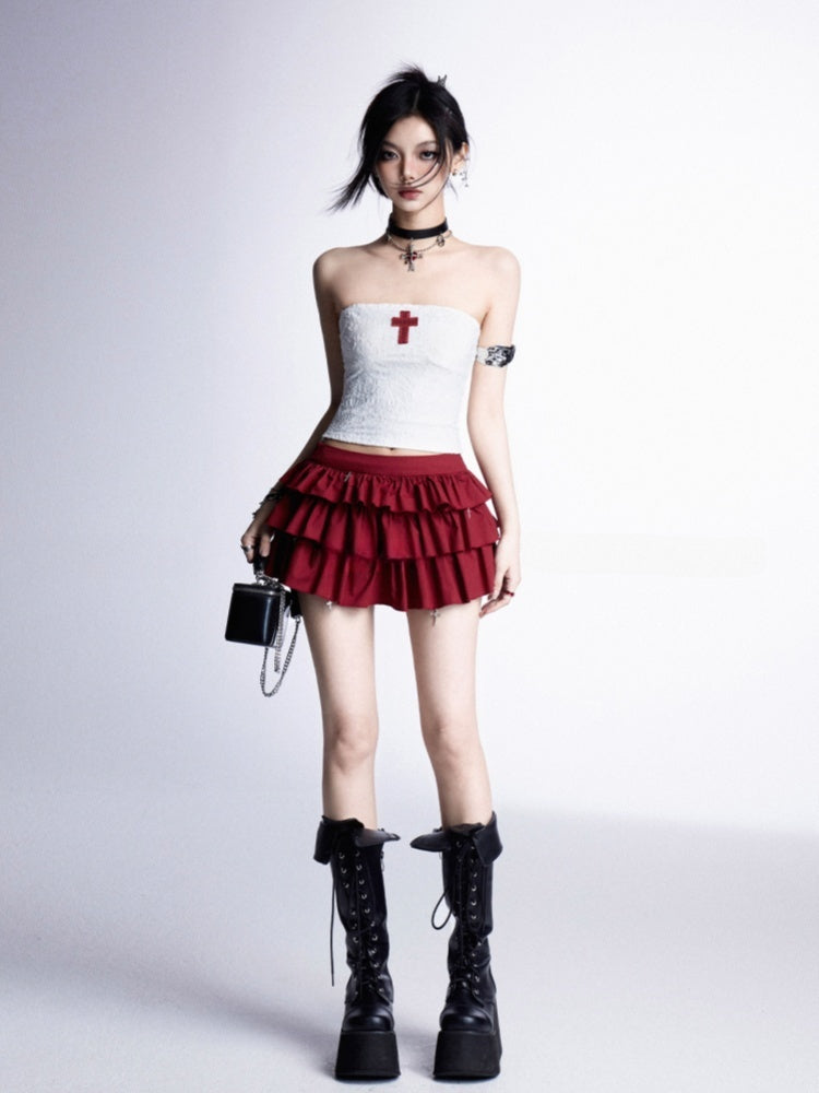 Strapless Top/Red Cross Tiered Skirt Gothic Red Cross Applique White Cropped Charms