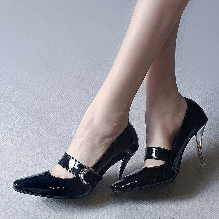 Velcro Accent - Black High Closures Heels Elegant Toe Moon Pointed Strap
