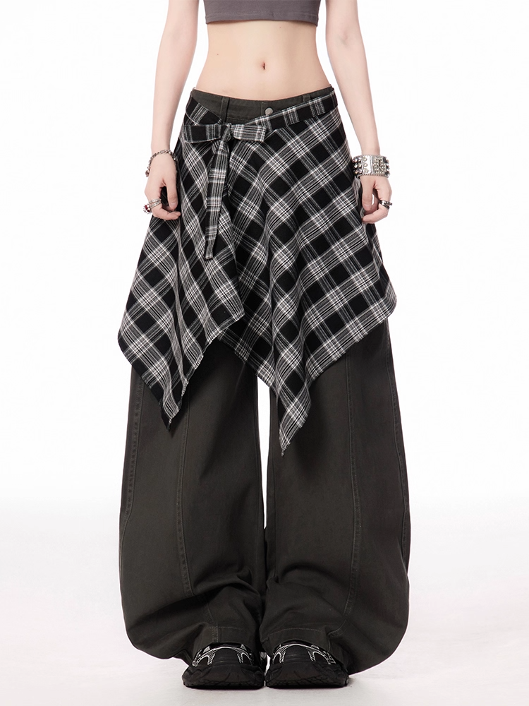 Rise Vintage Gray/Brown Dark with Plaid Waist Accessory Wide-leg Pants Low