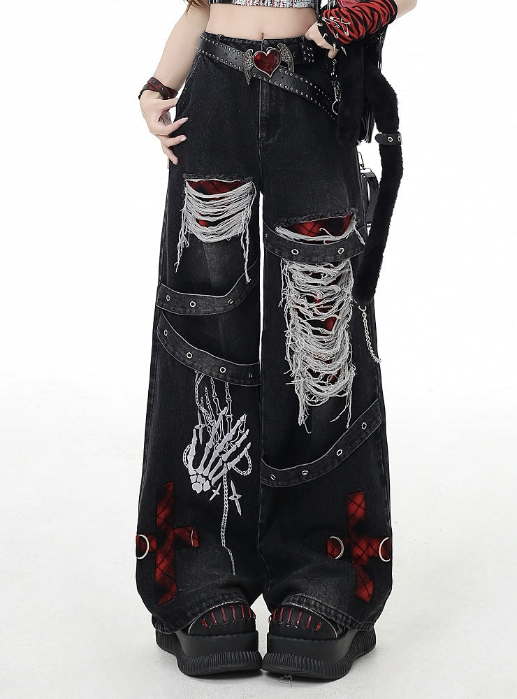 ヴィンテージ ワイドレッグ グレー/レッド チェック柄 ウォッシュ加工 ダメージ加工 フェード加工 パンクホールズ ジーンズ