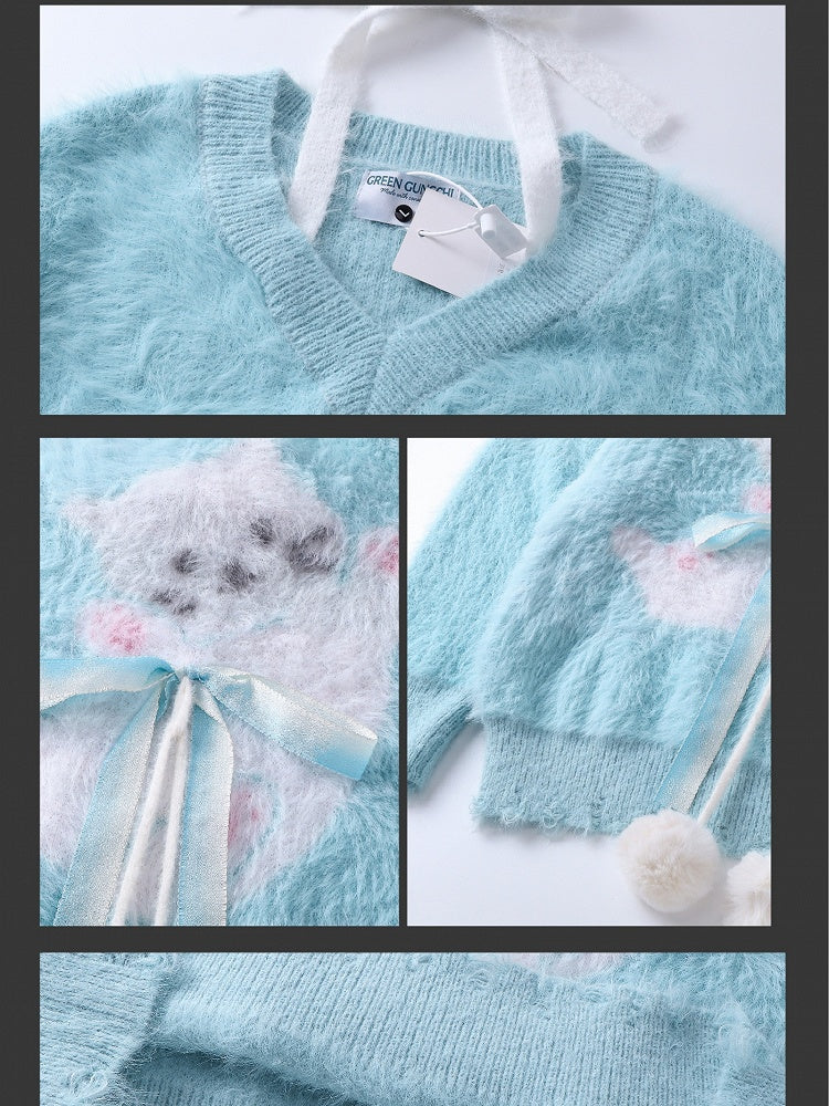 Light Blue/Pink Cute Cat Fuzzy V-Neck Halter Sweater